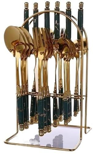 Ménagère 24 pièces en acier inoxydable avec poignées en céramique émeraude effet marbre craquelé - Service de table élégant for dîner et recevoir(Green)