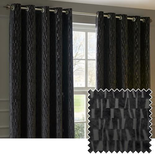 Paoletti Manhattan Room Darkening Eyelet Curtain Pair – Elegant Velvet Geometric Textured Lined Ring Top Drapes (Charcoal - 229x229cm)