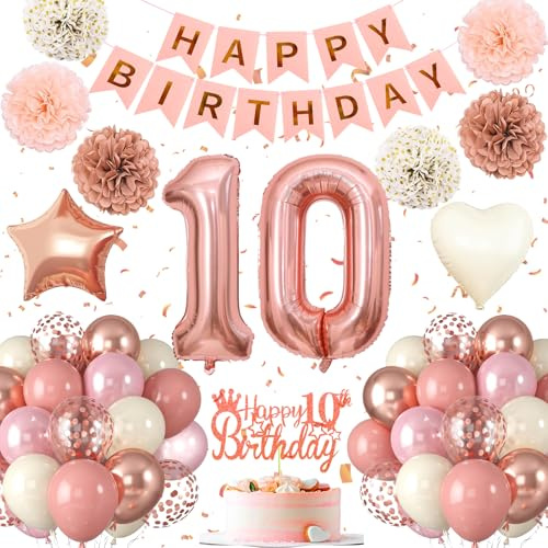 10.Geburtstag Dekoration,10. Geburtstag Deko für Mädchen,Luftballons 10.geburtstag Happy Birthday Girland Ballon 10 Deko zum Geburtstags, Rose Gold & Rosa,Geburtstagsdeko 10 Jahr