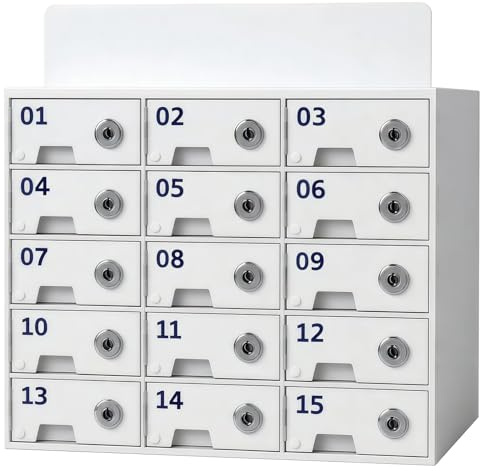 TAZZOR Handy-Schrank, 15 Fächer, Acryl, mit Ladeanschluss, abschließbar | Für Klassenzimmer und Büros; Wand- oder Tischmontage.