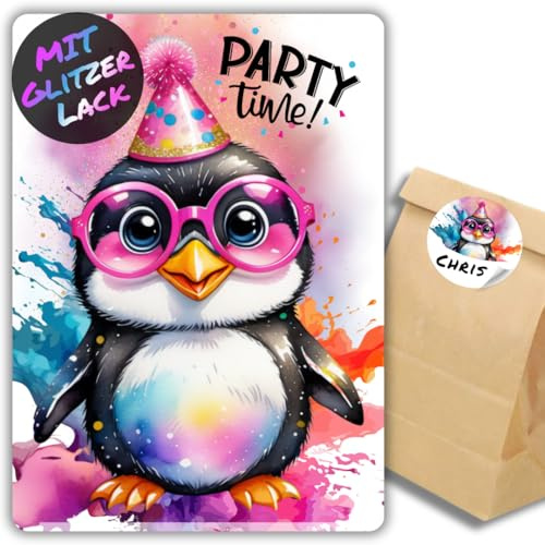 celebr8te 12x Party Pinguine Glitzer Einladungskarten - Teenager Kindergeburtstag Jungen & Mädchen - coole Tier Geburtstagseinladungen +12 Sticker +12 Geschenktüten