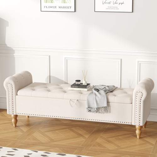 Ckaff Banc de Rangement Salon, Lit Banquette Ottomane Bout de Lit Boîte de Rangement Banquette Tapissé Banc de Chaussures avec Accoudoirs pour Chambre à Coucher Salon Couloir, Lin, Beige, 160cm