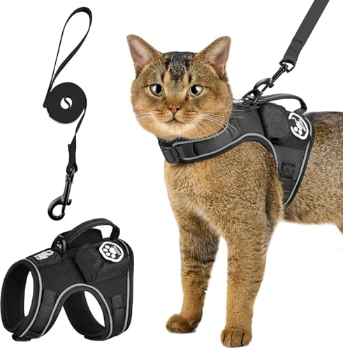 OneTigris Katzengeschirr mit Leine, CATATRIX katzenleine mit Geschirr Ausbruchsicher mit Reflektorstreifen Steuergriff & GPS-Tasche Leichtes Haustiergeschirr für Katzen (Schwarz, XXXS)
