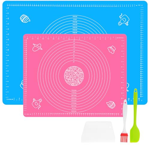 Vicloon Silicone Baking Mat, Extra Large with Measurements Pastry Mat, Non-Stick Rolling Kneading Mats with Dough Scraper and Brush for Pastry, Bread, Pizza, Fondant, Cake(Blue+Pink)