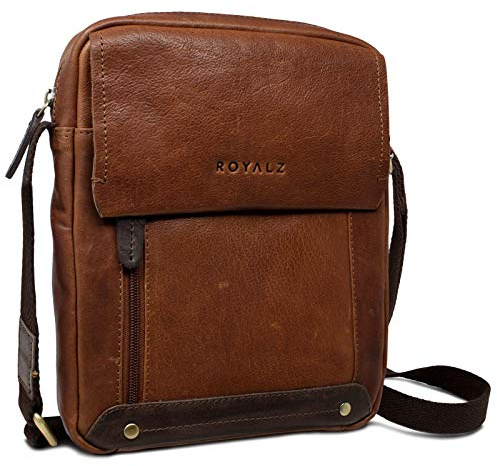 ROYALZ 'Idaho' Moderne Kleine Umhängetasche Herren Leder Männer Handtasche Vintage 10 Zoll Tablet leichte Ledertasche viele Fächer schmal Mini Messenger Bag, Farbe:Texas Braun
