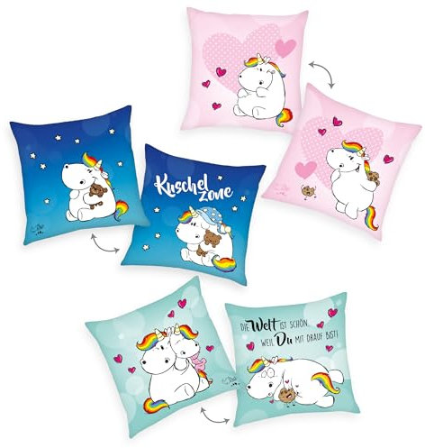 Herding Kissen, Pummeleinhorn, 40 x 40 cm, 3er Set, Weiches Deko- und Kuschelkissen für Kinder, 100% Polyester