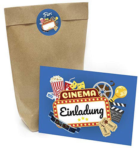 Kindergeburtstag Einladung Set mit je 8 Einladungskarten, Umschlägen, Tüten und Aufkleber - Motiv Kino