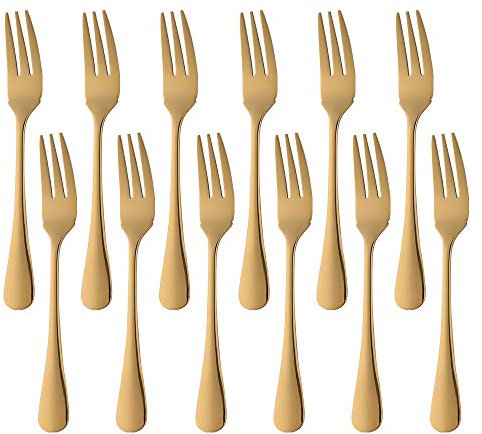 SUNSENGEUR Lot de 12 fourchettes à poisson en acier inoxydable, miroir, Oxford (20,1 cm -doré)