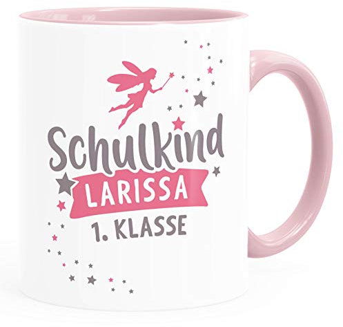 SpecialMe® Kindertasse Schulkind Erste Klasse Wunschname Geschenk zur Einschulung für Mädchen personalisiert inner-rosa Keramik-Tasse