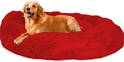 Loir Fluffy hundebett für große und extra große Hunde, 70 cm, Rot, Donut Weiches Plüsch Rundes hundekissen, Waschbar, Tiefschlaf
