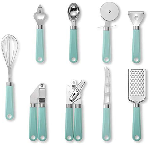 Hoshen Juego de utensilios de cocina de acero inoxidable de 9 piezas (caja original), accesorios de cocina pequeños, Chef Essentials - verde claro