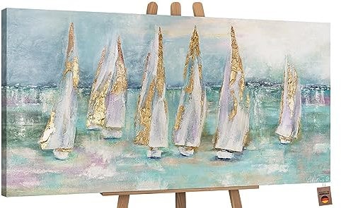 YS-Art Abstrakt Acryl Gemälde auf Leinwand handgemalt Segelboote Wandbilder Wohnzimmer moderne blaue Meereslandschaft Wohndekor Bilder echte Kunst 200x100 cm