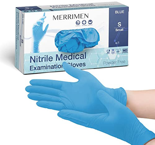 Merrimen Nitrile Gloves - BLUE | Disposable – Box of 100 | Small Ambidextrous Nitrile Gloves | Latex & Powder Free | For Safe Hands Against Allergies