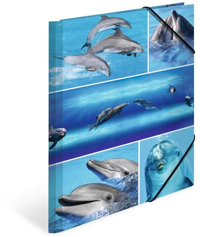 HERMA Sammelmappen A4 Delfine Set, 3 Stück, Kinder Eckspanner-Mappen aus Pappe mit Tier Motiv, Gummizug, Innenklappen und Innendruck für Jungen und Mädchen