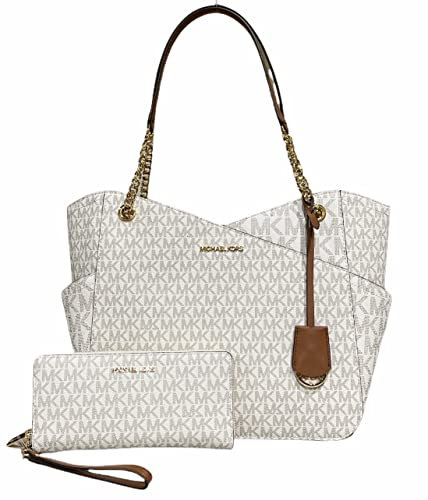Michael Kors Jet Set Travel Large Chain Shoulder Tote Vanilla MK Signature Logo Bundled with Jet Set Travel Continental Wristlet Vanilla Signature MK