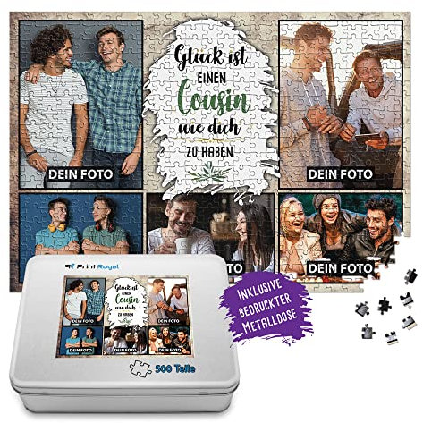 PR Print Royal Foto-Puzzle mit 5 Fotos Bedrucken - Glück ist einen Cousin wie Dich zu haben - Collagen-Puzzle selber gestalten für den Cousin - 500 Teile inkl. hochwertiger Metalldose