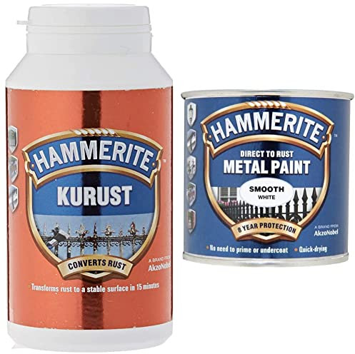 Hammerite 5092820 Kurust, 250 ml, Blue & Direct to Rust Metal Paint - Smooth White Finish 250ML