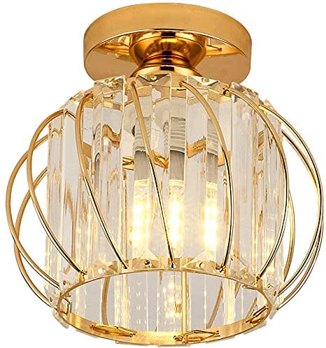 Gold Modern Crystal Chandelier, Metal Mini Semi Flush Mount Ceiling Light Fitting,LED Ceiling Light for Bedroom Living Room Hallway Kitchen Dining Room Bathroom Laundry