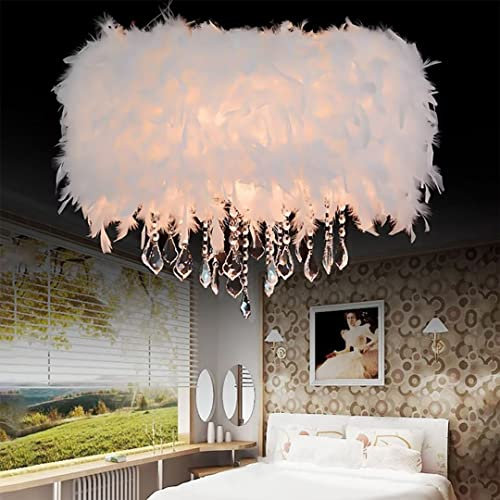 Lampadario a sospensione in cristallo con piuma Lampada a sospensione in piuma bianca Lampada da soffitto a soffitto, romantico e di lusso per soggiorno, sala da pranzo, 19,8 ''
