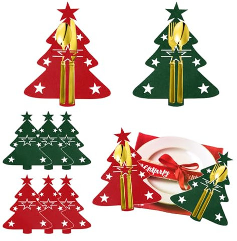 FainFun Weihnachtsbaum Bestecktasche, 8 Stücke Besteckhalter Filz Weihnachten, Bestecktasche Filz Weihnachten, Besteckbeutel Weihnachten, Rot und Grün, Für Weihnachtsfeiern, Festliche Abendessen