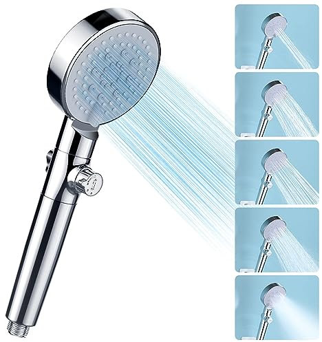 Pommeau de Douche à Haute Pression économie d'eau, Douchette Douche Salle de Bain Réglable à 6 Modes, Pommeau de Douche Anti Calcaire avec arret, Facile à Installer (Argent-A)