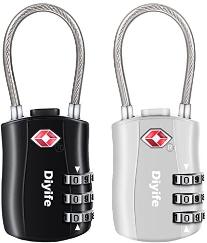 Diyife cadenas de sécurité à 3 chiffres [2 Pack], Serrures à bagages TSA, cadenas à combinaison, code de verrouillage pour les valises de voyage valise sac de bagages etc, Argent & Noir