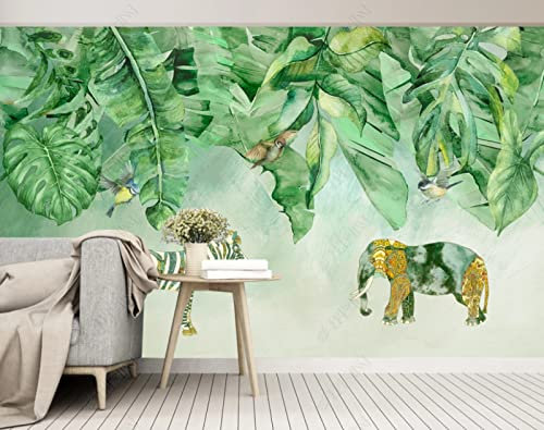 Fototapete 3D Effek 3D Tapete Handgezeichnete Tropische Pflanzen Tier Zebra Elefant Vliestapete 3D Tapeten Wandbilder Wohnzimmer Wanddeko 350(W) X256(H) Cm