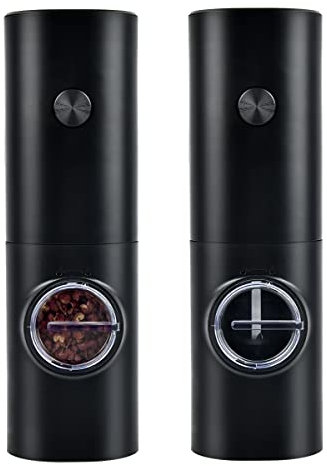 BUYGOO Schwarze Elektrische Salz und Pfeffermühle Set, 2 PCS Salz und Pfeffermühle Elektrische, Einstellbare Grobheit Elektrische Pfeffermühle,mit LED Licht,Batteriebetrieben, für BBQ Restaurant Küche