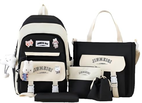 Lengender Lot de 5 Sacs à Dos Kawaii avec Sac à déjeuner et Trousse à Crayons, Sac à Main, Porte-Monnaie pour Adolescentes, Filles, Frais et sucré (Noir)