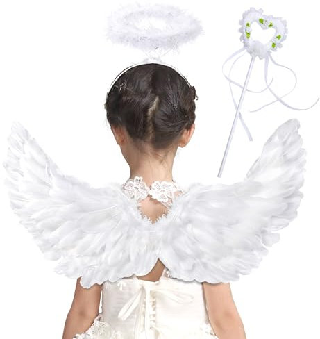 Goenb Alas de ángel, 63 x 33 cm, alas de ángel blancas, disfraz de ángel para mujer, niños, hombres, adultos, alas de ángel, disfraz de cupido, para Halloween, carnaval, cumpleaños