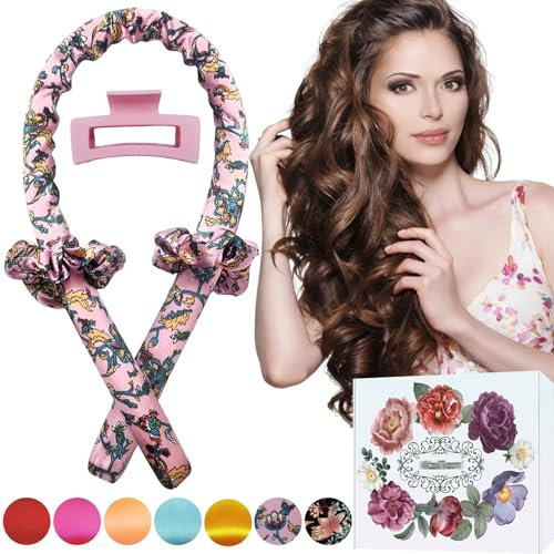 KAITION Lockenwickler, Locken ohne Hitze, Heatless Curls Band für traumhafte Locken über Nacht, rutschfeste Seidenhaar-Lockenwickler, DIY-Frisurenset für langes Haar (Floral Pink)