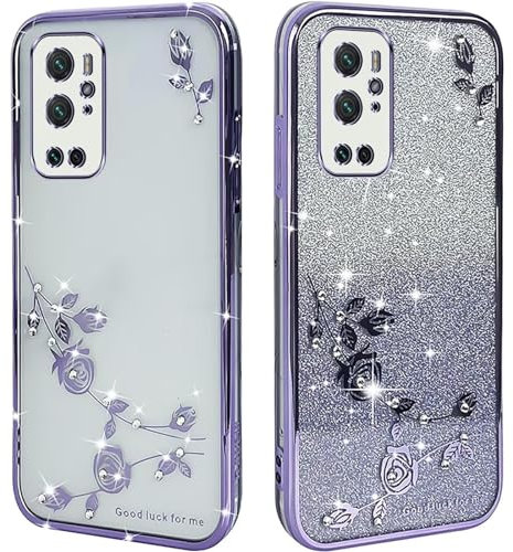 JIEZUIMEI Blume Design case Hülle für ONEPLUS 9 Pro 5G Transparent Handyhülle Stoßfest schutzhülle Blume Design, für Bling Glitter Handyhülle Ultradünn für Frauen Mädchen Lila