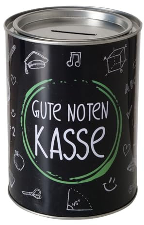 ReWu Spardose Sparschwein Schriftzug Gute Noten Kasse - Deckel abnehmbar - Schwarz Wiederverwendbar Metall Sparbüchse Geldgeschenk Geschenkidee Geldspardose Metallspardose 14 x 10 cm