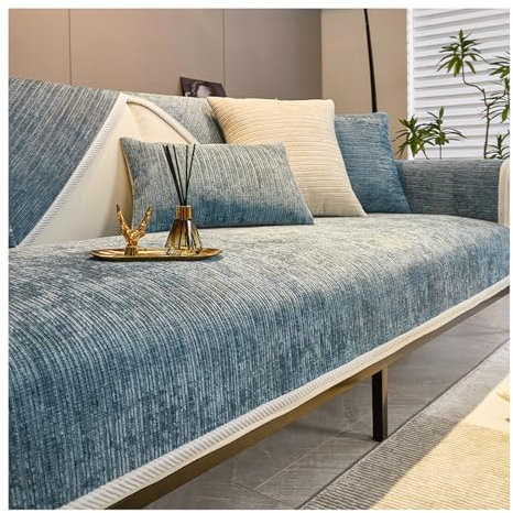 Tauzveok Sofaschoner rutschfest, Chenille Sofabezug, Sofadecken Für Sitzfläche, Für L Form/U Form/Ecksofa 3 2 1 4 Sitzer Sofahusse,Blau,110 * 180cm