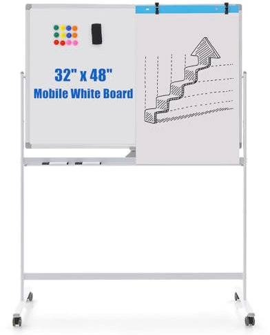 COSTWAY Doppelseitiges mobiles Whiteboard, 120 x 80 cm, höhenverstellbares magnetisches Whiteboard mit Rollen, Ständer und Stiftablage, inkl. Zubehör für Schule, Büro, Zuhause (Weiß)