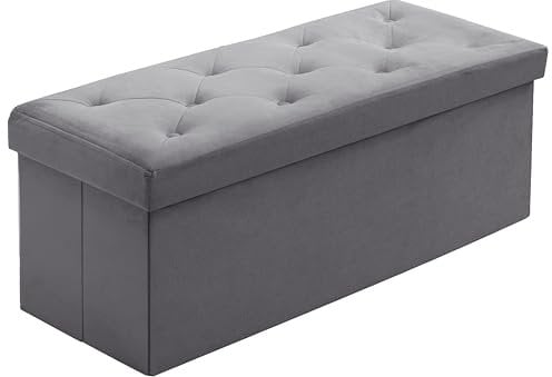 A406 Folding Ottoman Storage Box with Lids Velvet Storage Chest Footrest Pouffe Storage Unit Bench Stool with Resilient Sponge for Bedroom, Living Room & Entryway-76cm (Grey)