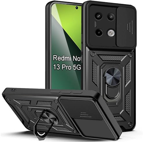 XCYYOO Cover per Redmi Note 13 Pro 5G, Cover Redmi Note 13 Pro 5G Custodia Antiurto con Scorrevole Fotocamera Proteggi Supporto di Anello Rotante Bumper Case- Nero