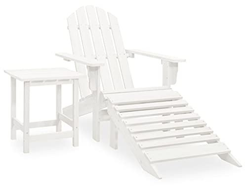 Adirondack Stuhl mit Fußstütze &Tisch, Gartenstuhl aus Massivholz mit Rückenlehne & Armlehnen, Gartensessel Holzstuhl Relaxstuhl für Balkon und Terrasse, Tannenholz Weiß