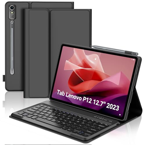 SENGBIRCH Funda con Teclado para Lenovo Tab P12 12.7, Lenovo Tab P12 Funda Teclado, Español Ñ Bluetooth Inalámbrico Desmontable para Lenovo P12 Tablet 2023 12.7 TB370FU, Negro