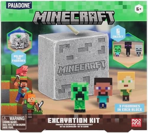 Minecraft Official Licensed Excavation Kit for Kids, Gamer Decor and Gift for Boys and Girls, 3 Iconic Gaming Characters Included, Interactive Dig Toy | Paladone