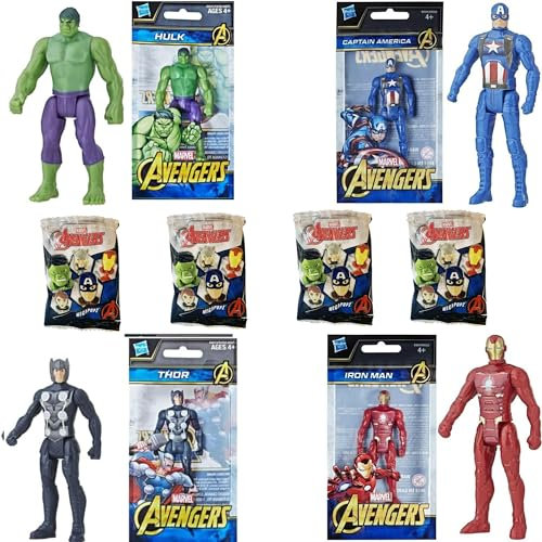 Marvel Avengers All 4 Articulated Action Figures - 3.75 Inch 9.5cm Hulk, Thor, Iron Man & Captain America PLUS Megapopz Avenger Figures Foil Bags