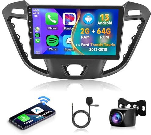 2G+64G Wireless Carplay Android 13 Autoradio 2 Din für Ford Transit Custom Tourneo 2013-2018 9 Zoll Autoradio mit Android Auto Navi GPS WIFI Mirror Link Bluetooth FM/RDS/DAB/OBD/DVR/SWC Rückfahrkamera