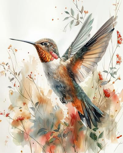 TISHIRON Kit de peinture à l'huile aquarelle à faire soi-même - Motif colibri - Peinture par numéros pour adultes - 40,6 x 50,8 cm (l x L) (sans cadre)