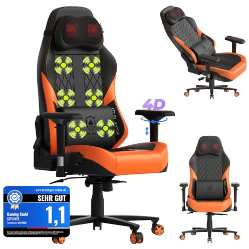 GTPLAYER Gaming Stuhl mit Massage, Gamer Stuhl mit Taschenfederkissen, Ergonomischer Gaming Sessel Bürostuhl 4D Armlehnen,Orange