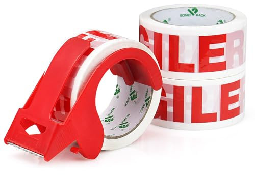 BOMEI PACK Nastro Adesivo Fragile da Imballaggio, Formato 48 mm x 66 m, Scritta Fragile in Colore Rosso su Fondo Bianco, Confezione da 3 Pezzi