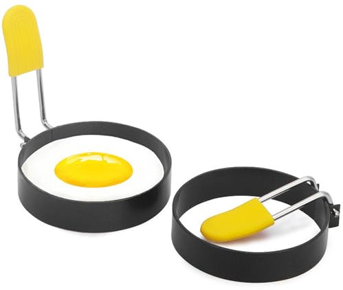 Non Stick Egg Ring with Silicone Handle and Brush, Stainless Steel Egg Rings Set for Frying Egg Pancake Mcmuffins, Egg Molds Cooking Rings (4 pcs) Egg Rings for Frying Silicone