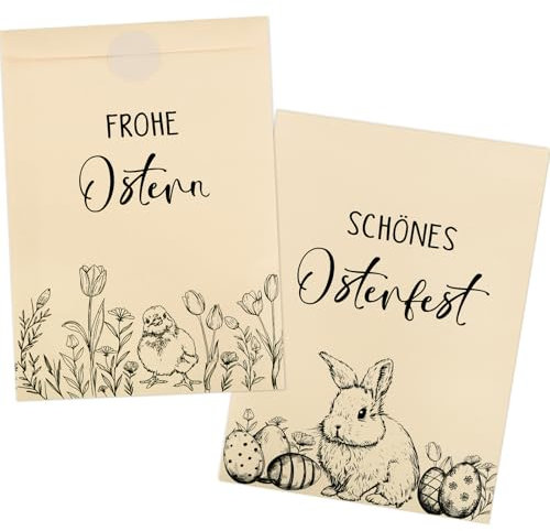 BETESSIN 50 Stück Geschenktüten Ostern - 18x13cm Ostertüten zum Befüllen - Frohe Ostern Tüten mit Hasen & Ostereier Motiven - Papiertüten für Kleine Ostergeschenke - Alternatives Osternest