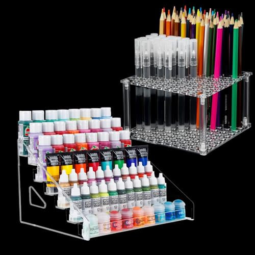 7 Layer Acrylic Paint Organizer & 96 Holes Paint Brush Holder, Paint Brush Storage Brush Holder, Snap-On Design Easy Assembly, Desktop Organizer for Miniature Model Pencils Sketch Pens Craft Hobby