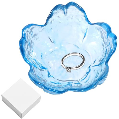 Jewelry Tray Decorative Glass Trinket Crystal Blue Flower Ring Dish Dish Modern Accent Tray Glass Decorative Key Bowl Jewelry Plate Home Decoration for Vanity for Organizing Necklace Earrings - Blue