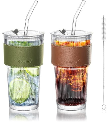 Joeyan 600 ml Glass Tumbler with Straw and Lid for Iced Tea Coffee Smoothie Water Juice Beverages Soda,Clear Ribbed Glass Cups Drinking Jar with Leather Sleeve, Set of 2,Dishwasher Safe